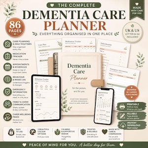 Puede incluir: Un planificador de cuidados para la demencia, digital e imprimible, de 86 páginas, que incluye seguimiento de medicamentos, rutinas diarias e información de emergencia. Formatos A4 y carta incluidos, con un diseño en tonos verdes y beige.