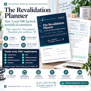 May include: The Revalidation Planner is a 3-year NMC log book and portfolio for nurses, midwives, and nursing associates. The document features sections for practice hours, CPD, feedback, reflective accounts, and confirmation. It includes a cover page and a practice hours tracking page with fields for dates and totals.