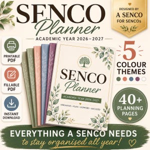 Puede incluir: Un planificador SENCO para el año académico 2026-2027, con cinco temas de color y más de 40 páginas de planificación. La portada muestra un icono de árbol, el texto SENCO Planner y las palabras ORGANISE, PLAN, SUPPORT, SUCCEED. Incluye PDF.