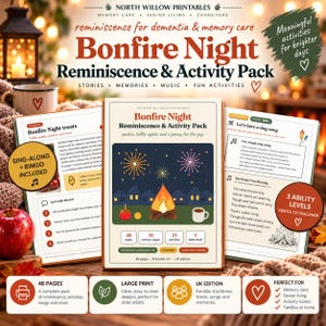 Może przedstawiać: Pakiet wspomnień i aktywności Bonfire Night zawierający drukowane strony z tekstem, ilustracjami fajerwerków i ogniska oraz sekcje z historiami, wspomnieniami, muzyką i zabawami przeznaczonymi dla opieki nad seniorami.