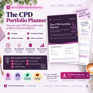 Op de afbeelding: De CPD Portfolio Planner is een 76 pagina's tellend, printbaar en invulbaar document voor bij de HCPC geregistreerde professionals. Het bevat een statement builder, ingevulde voorbeelden en een logboek voor twee jaar professionele groei.