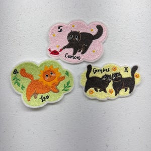 Zodiac Cat Embroidered Patch Set, Astrology Iron-On Appliques, Cosmic Kitty Badges, Denim Backpack Accessories