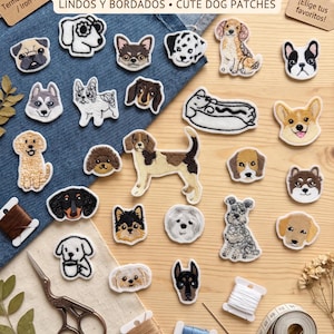 May include: A collection of embroidered dog patches featuring various breeds and styles, including a hot dog shape. The image includes text reading PARCHES DE PERRITOS, LINDOS Y BORDADOS, CUTE DOG PATCHES, Termoadhesivos/Iron-on, and Elige tus favoritos.