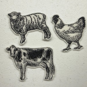 3-Piece Farm Animal Patch Set, Vintage Style Cow, Sheep and Chicken Iron On Patches, Cottagecore Embroidered Applique, Rustic Farm Lover Gif