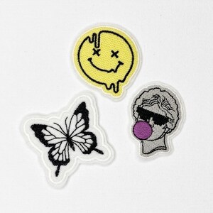 3-Piece Alternative Patch Set, Edgy Iron On Patches, Vaporwave Bubblegum Statue, Melting Smiley Face, Black Butterfly Applique for Jackets