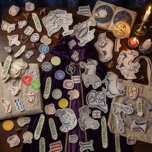 Puede incluir: Una colección de parches y letreros del zodiaco bordados con símbolos astrológicos y constelaciones, dispuestos alrededor de una capa de terciopelo morado oscuro, una camisa beige y una bolsa de tela sobre una superficie de madera.