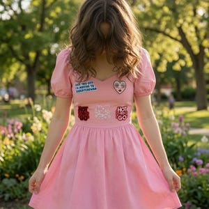May include: A short-sleeved pink dress featuring a sweetheart neckline and a flared skirt. The bodice is decorated with several patches, including one that reads "FUCK THIS CITY I'M MOVING TO SASKATCHEWAN" and three "HOT TO GO" text patches.