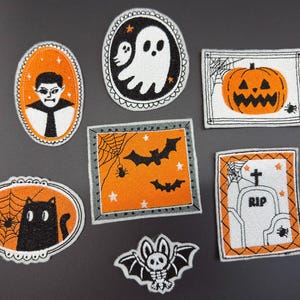 Halloween Embroidered Iron-On Patches, Cute Black Cat Ghost Pumpkin Applique Set, DIY Iron On Patches for Jackets Backpacks