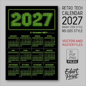 2027 Retro Tech Calendar Printable, Binary Code Wall Calendar, A3 Digital Download, Ai Pdf Png Files
