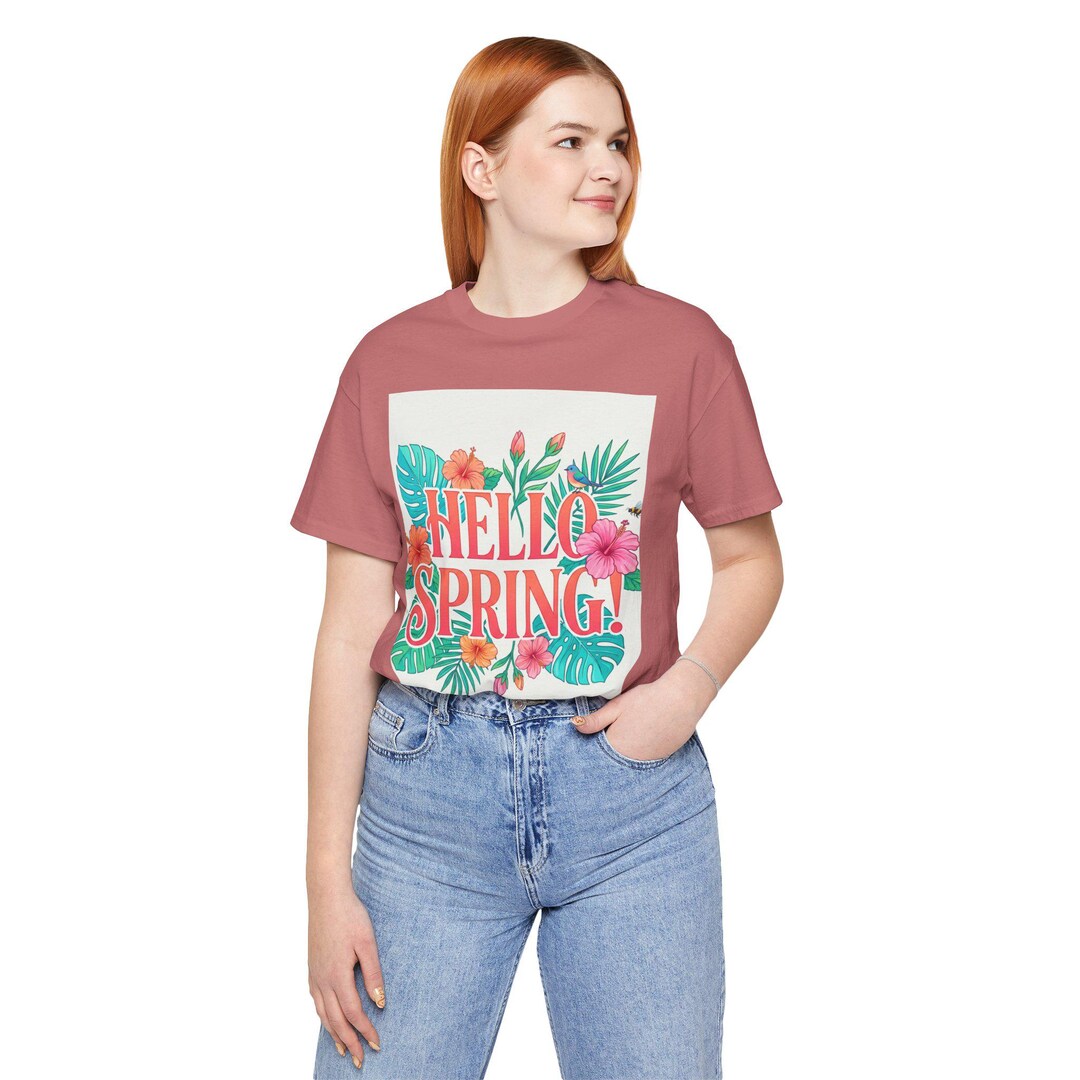 Floral Hello Spring T-shirt | Tropical Leaves, Hibiscus Flowers Graphic ...