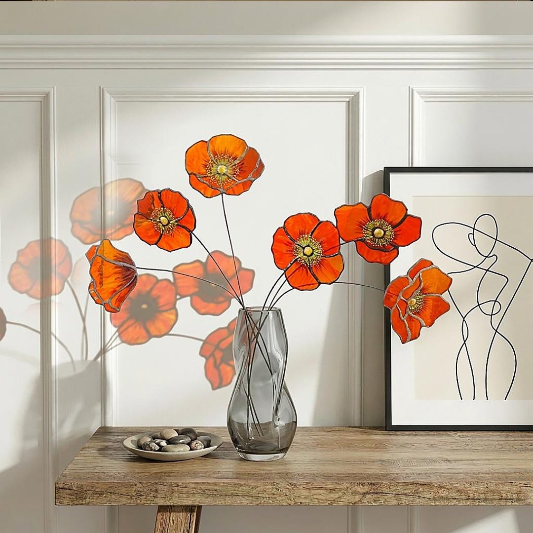6PCS Glass California Poppy Bouquet | Multicolor Stained Glass Flowers (Red Blue Yellow Orange) | Forever Gift for Mom, Home Decor - Orange