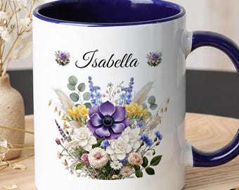 Caneca personalizada com a flor de nascimento, caneca de café floral personalizada, presente de aniversário para mulheres.