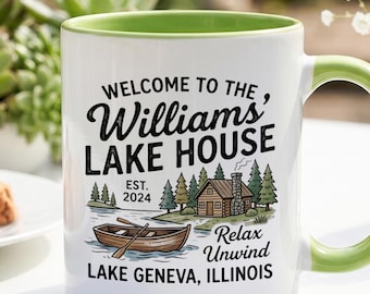 Mok met gepersonaliseerde naam voor een vakantiehuisje aan het meer, cadeau voor een vakantiehuisje met familienaam, koffiebeker voor aan het meer