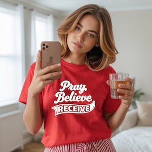 Bidden, geloof ontvangen, script ontvangen christelijk shirt cursief geloof T-shirt Unisex inspirerende religieus cadeau kerk Tee typografie Tee