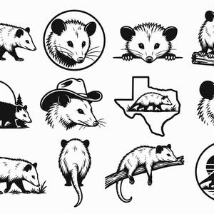 May include: A collection of twelve black and white illustrations featuring opossums in various poses, including walking, resting on branches, wearing a cowboy hat, inside a Texas state outline, and within circular frames with trees or cacti.