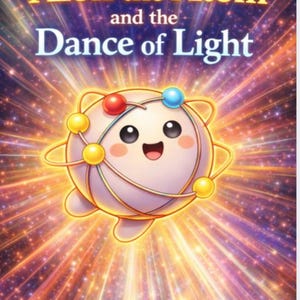 May include: A children's book cover with the title "Aion the Atom and the Dance of Light." The illustration features a smiling atom character with colorful spheres and a radiant background. The author's name, "DR. Z," is at the bottom.
