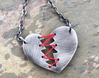 Mended Heart necklace. Sterling Silver and Thread. Heartbreaker Necklace. Broken Heart. Stitched Heart. Anti Valentine. Valentines day gift