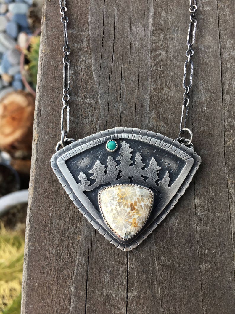 Large Sterling Silver Evergreen pendant. Pine Tree necklace. Etsy