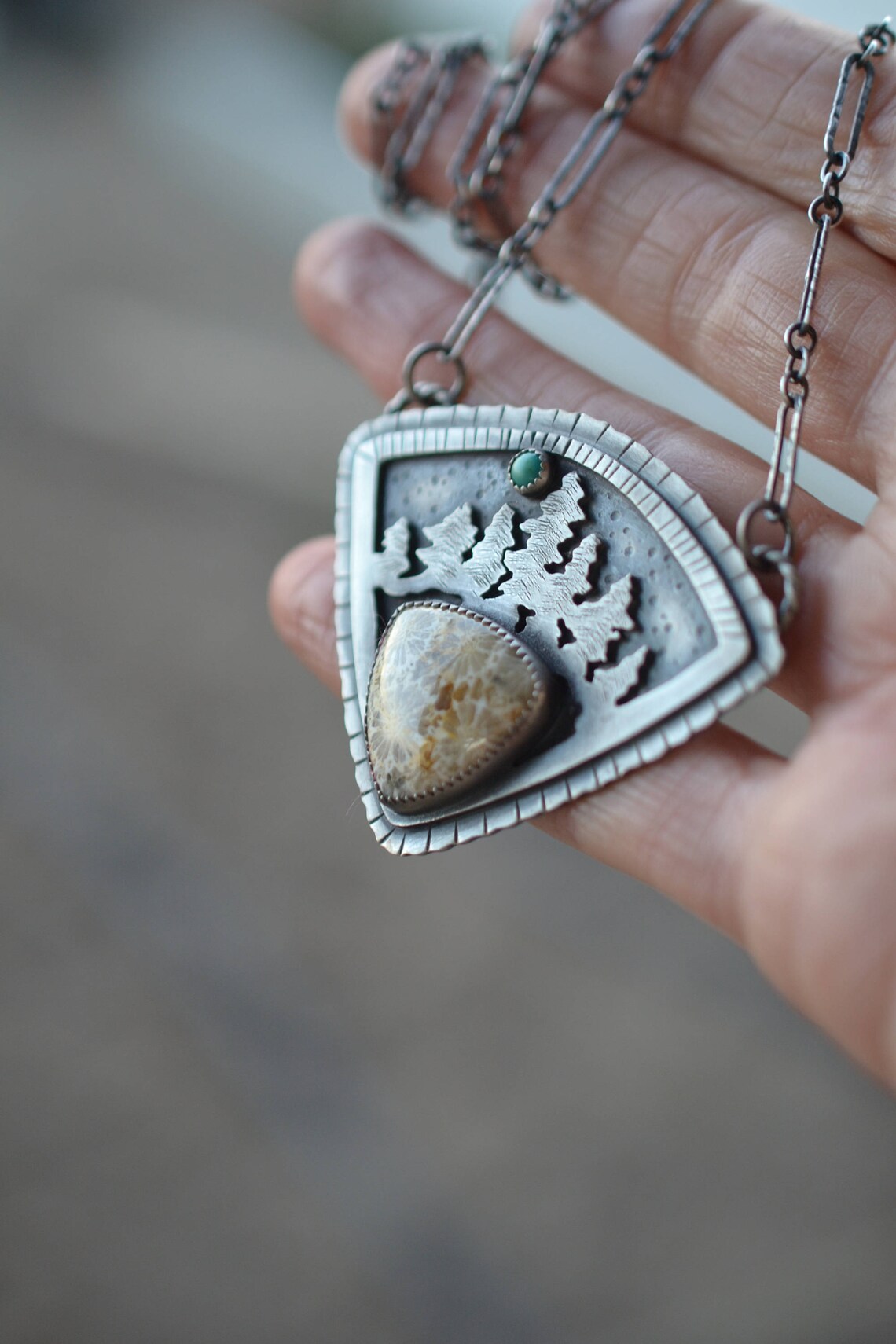 Large Sterling Silver Evergreen pendant. Pine Tree necklace. Etsy