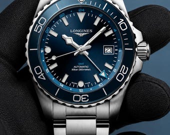 Vintage LonginesHydroConquest Blue Dial Blue Bezel Round Case  Stainless Steel Bracelet Wristwatch