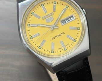 Vintage Seiko 5 Automatic Watch Refurbished 1980 Yellow Dial