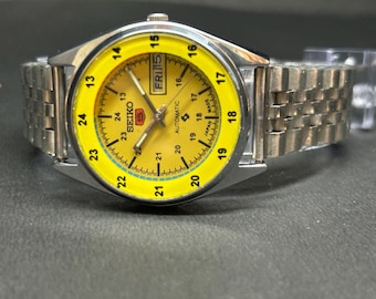 vintage montre automatique Seiko 5 cadran jaune 6309 mouvement jour-date restauré | montre-bracelet pour homme fabriquée au Japon