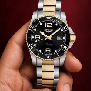 May include: A two-tone stainless steel and gold-tone automatic wristwatch featuring a black dial with gold-tone hands and hour markers, Arabic numerals at 6, 9, and 12, a date window at 3, and a rotating black bezel with gold-tone trim.