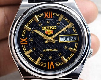 Montre automatique Seiko 5 vintage cadran noir avec date jour, montre pour homme fabriquée au Japon, montre-bracelet mécanique