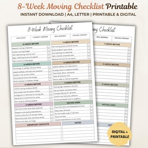 8-Week Moving Checklist Printable, Pre-Filled Moving Countdown Planner With Contacts Section, Canva Template