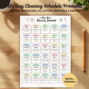 30 Day Cleaning Schedule Printable, Room Plan With Pastel Color Coded Grid (Editable Canva Template)