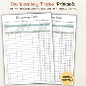 Moving Box Inventory Tracker Printable, Packing Checklist With Color Coding System for 30 Boxes (Editable Canva Template)