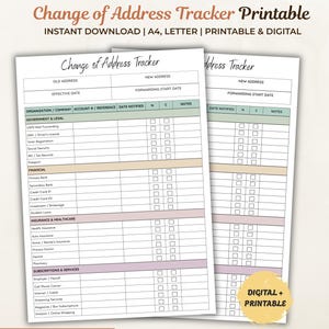 May include: Two printable "Change of Address Tracker" sheets. The sheets have sections for old and new addresses, effective dates, and a checklist for notifying organizations. The text "Change of Address Tracker Printable" is at the top. The sheets are labeled "Digital + Printable."