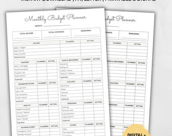 Monthly Budget Planner, Expense Tracker, Financial Worksheet (PDF A4 LETTER)