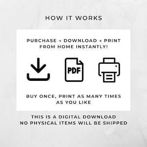 May include: White graphic with black text and icons explaining the digital download process. The text reads "HOW IT WORKS", "PURCHASE &rarr; DOWNLOAD &rarr; PRINT FROM HOME INSTANTLY!", and "BUY ONCE, PRINT AS MANY TIMES AS YOU LIKE".