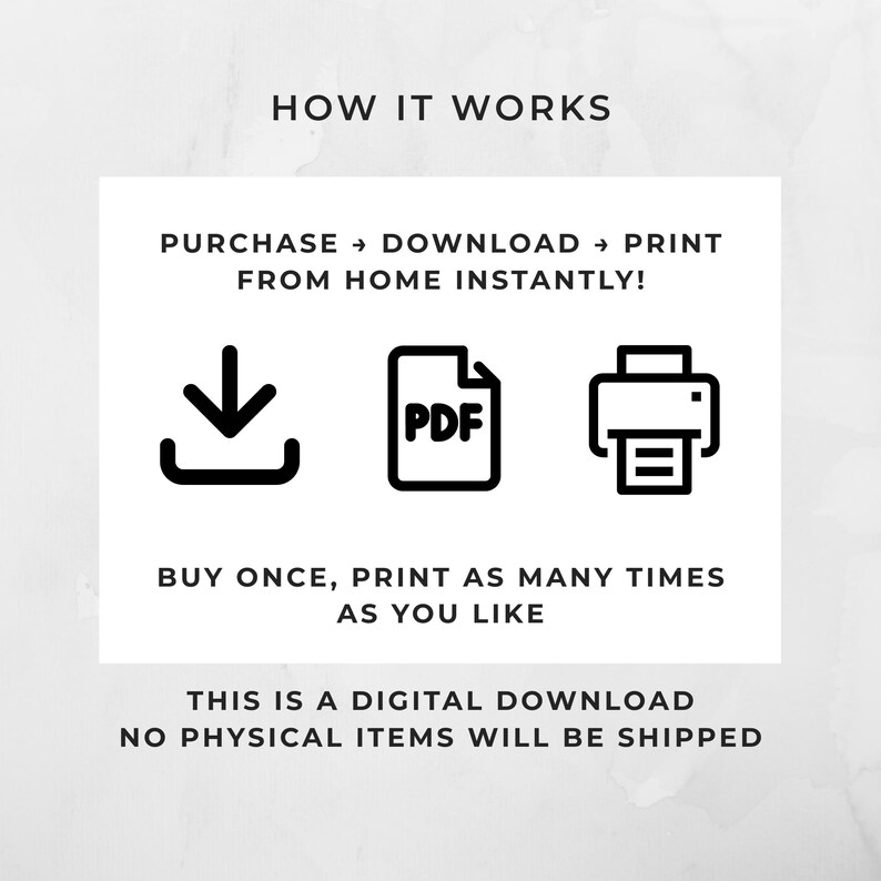 May include: White graphic with black text and icons explaining the digital download process. The text reads "HOW IT WORKS", "PURCHASE &rarr; DOWNLOAD &rarr; PRINT FROM HOME INSTANTLY!", and "BUY ONCE, PRINT AS MANY TIMES AS YOU LIKE".
