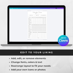 May include: A laptop displays a subscription tracker template. The template includes sections for monthly and annual totals, with checkboxes for tracking active subscriptions. The screen also shows the Canva logo and text that says "Edit to your liking".