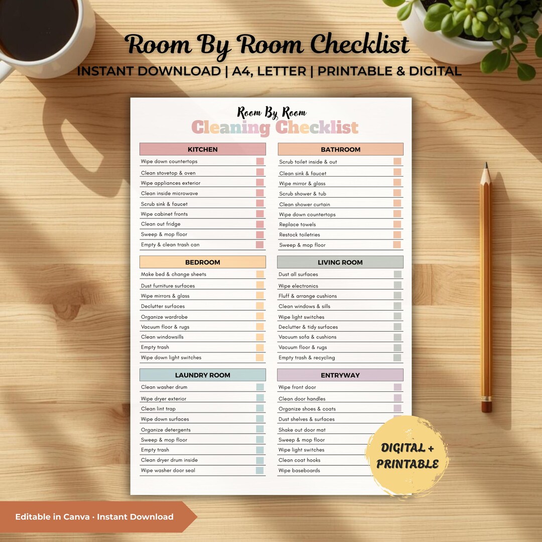 Room by Room Cleaning Checklist Printable, Family Chore Chart, House ...