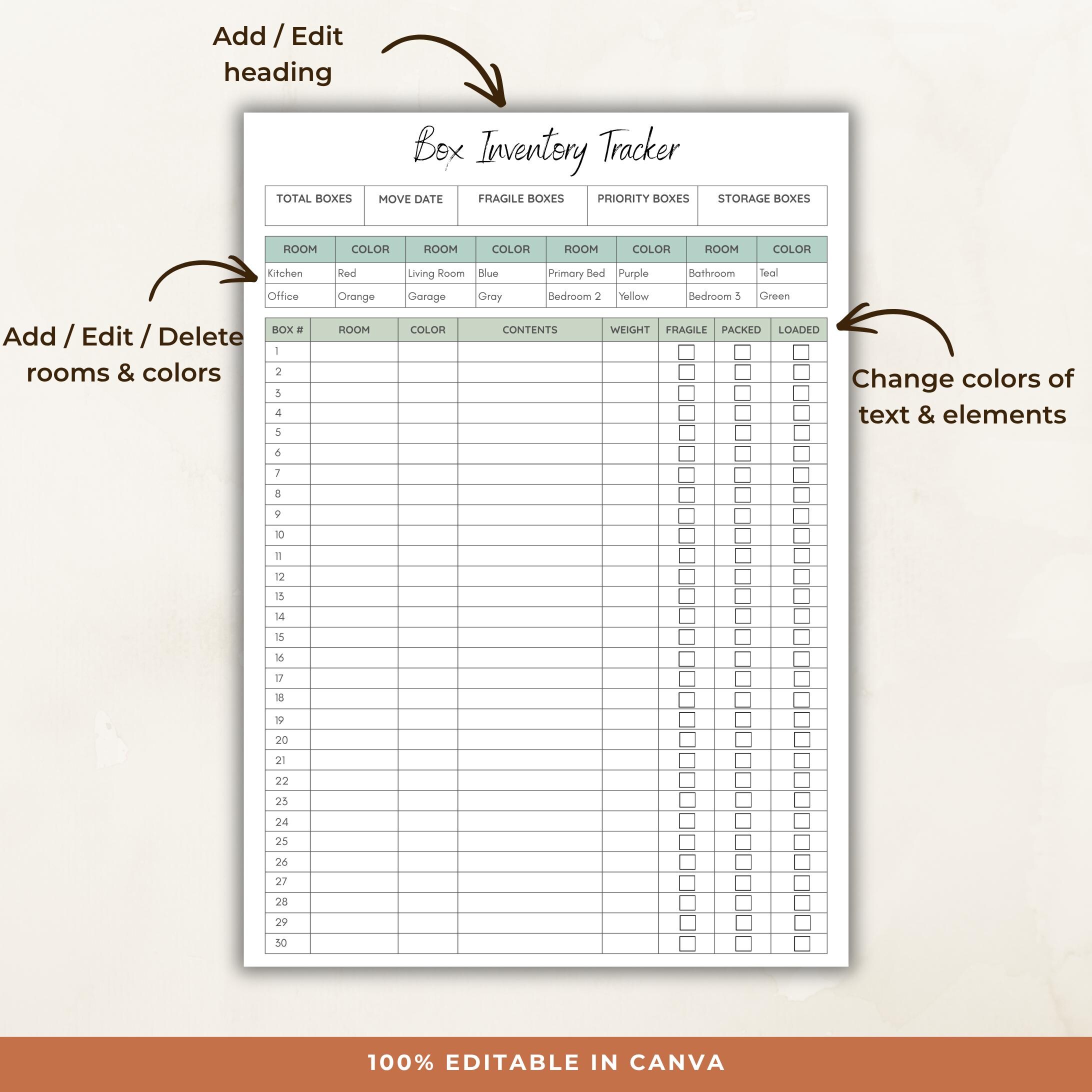 Moving Box Inventory Tracker, Color Coding Packing Checklist (canva ...