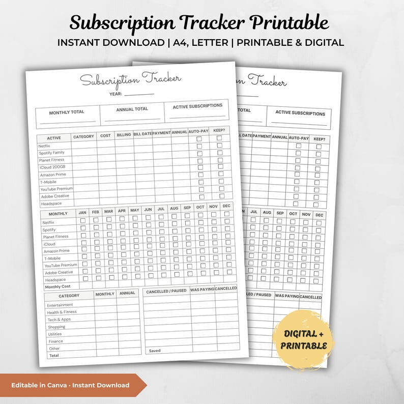 Subscription tracker printable on gray marble background showing active subscriptions table with cost and payment columns, monthly payment grid with checkboxes, category spending summary and cancelled services section. Gold badge, brown Canva banner.