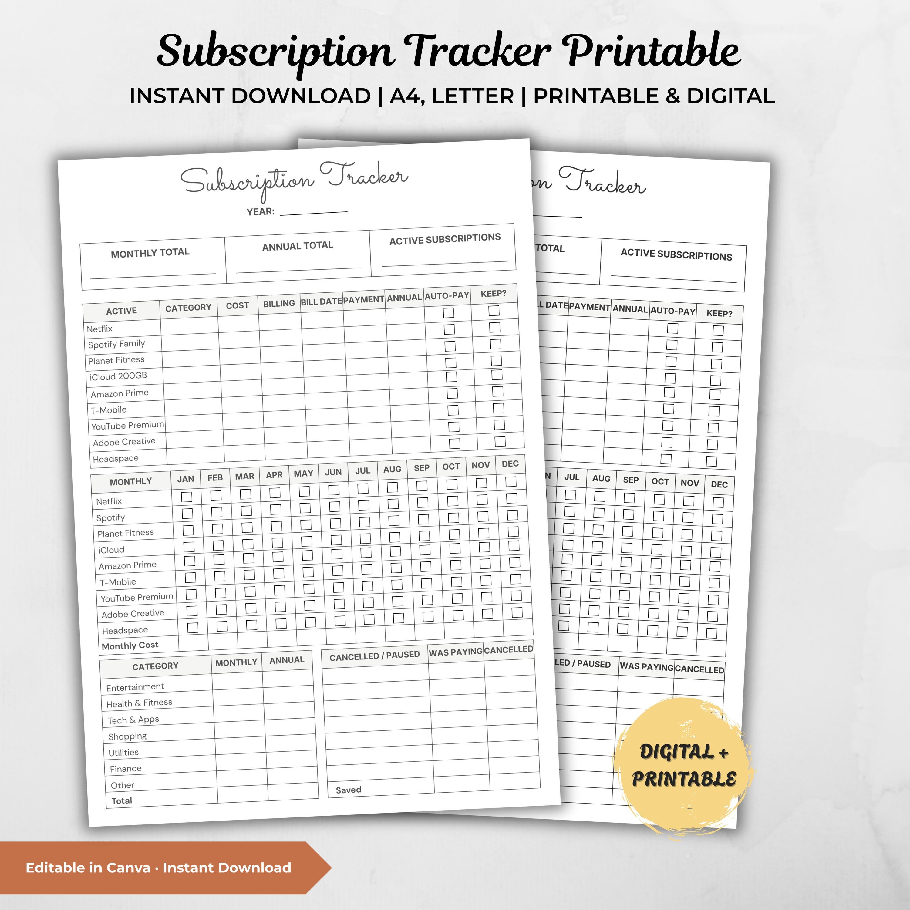Subscription Tracker Printable, Monthly Recurring Expense Log With ...