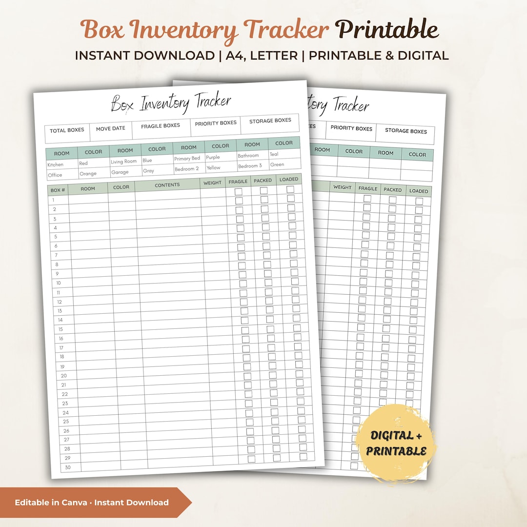 Moving Box Inventory Tracker Printable, Packing Checklist With Color ...