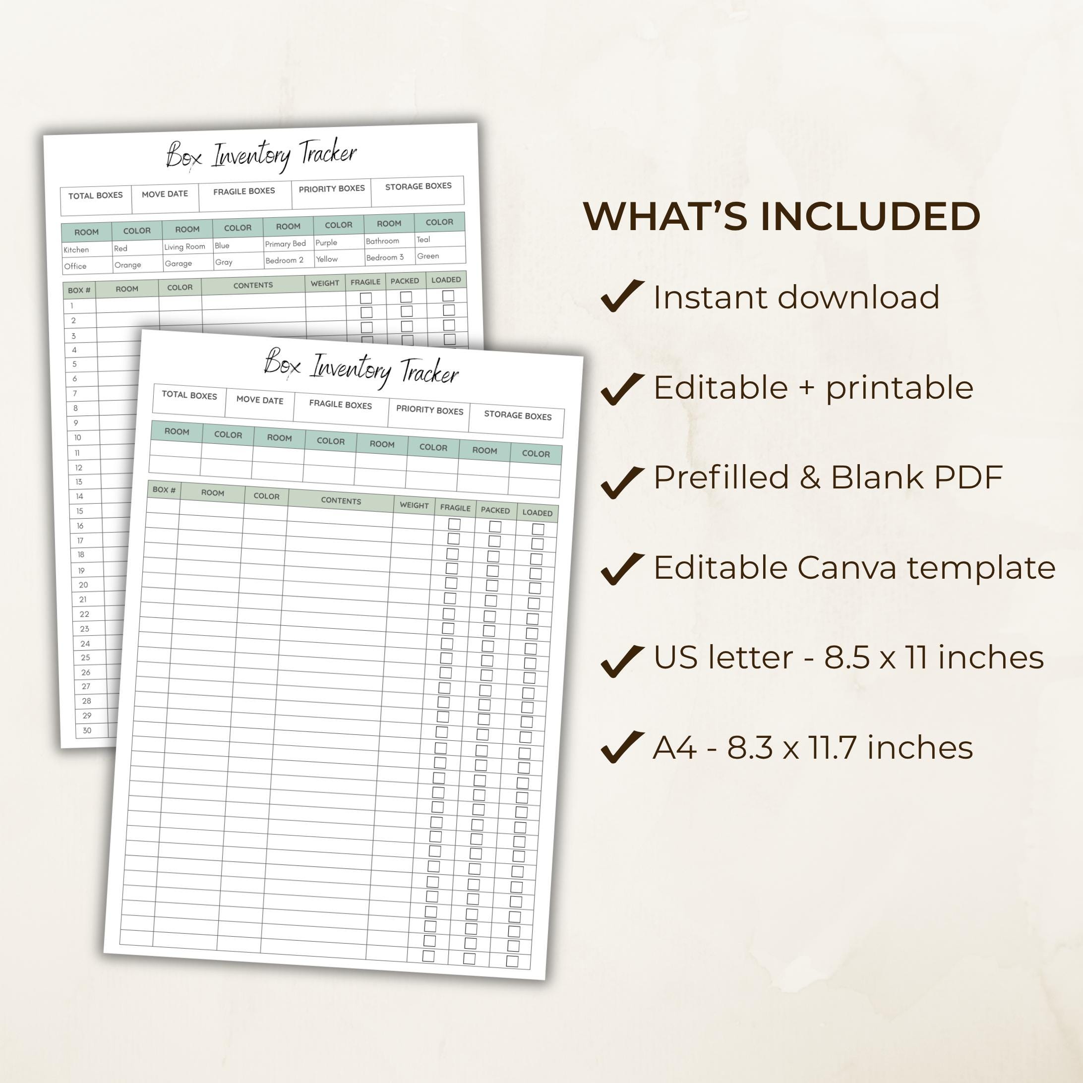 Moving Box Inventory Tracker, Color Coding Packing Checklist (canva ...