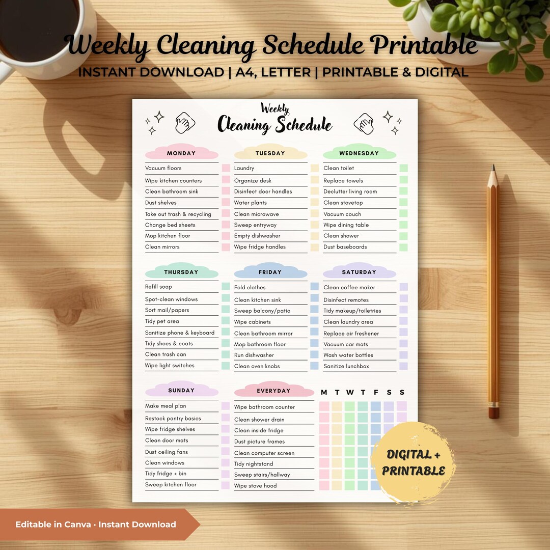 Pastel Rainbow Weekly Cleaning Schedule, Chore Chart (canva Template ...