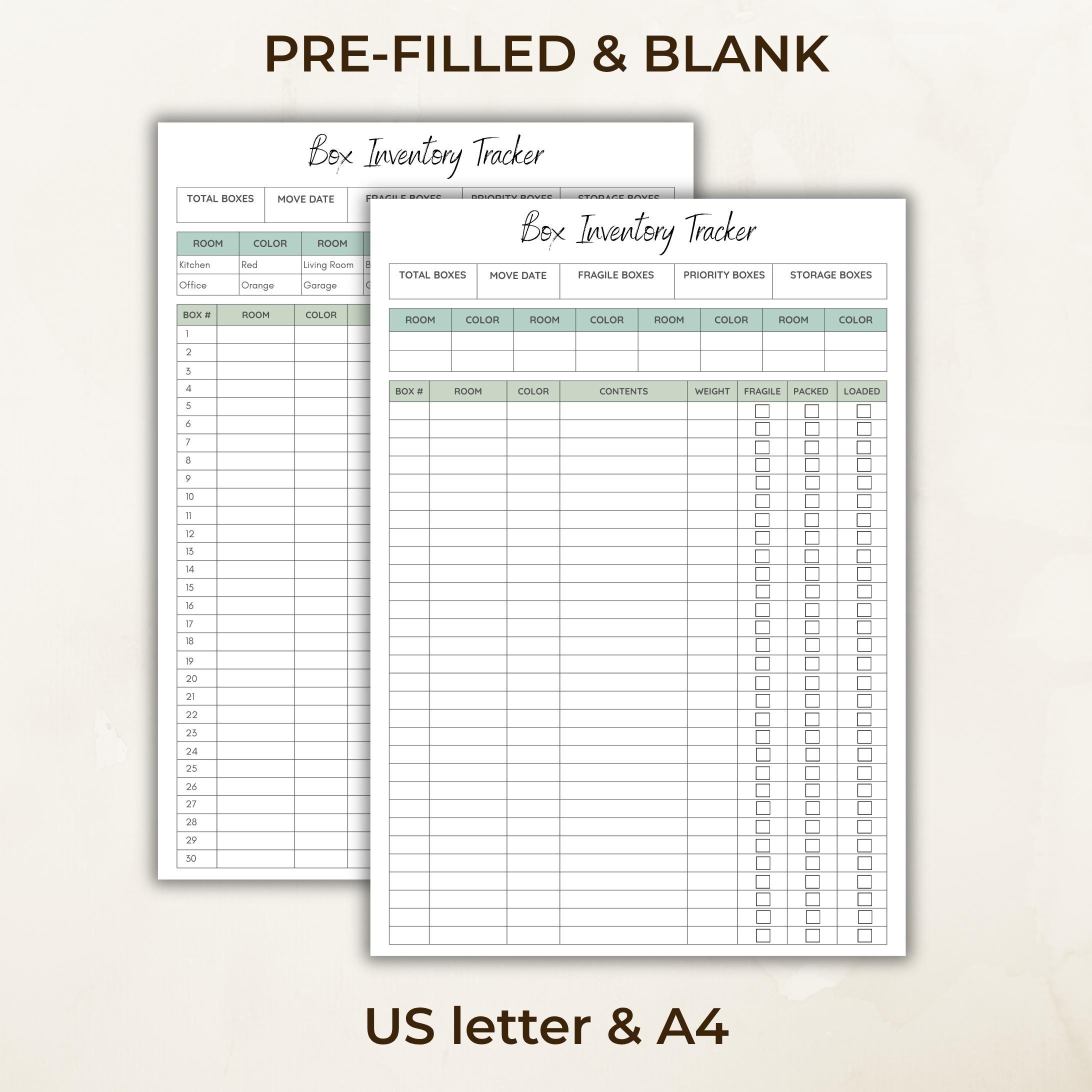 Moving Box Inventory Tracker Printable, Packing Checklist With Color ...