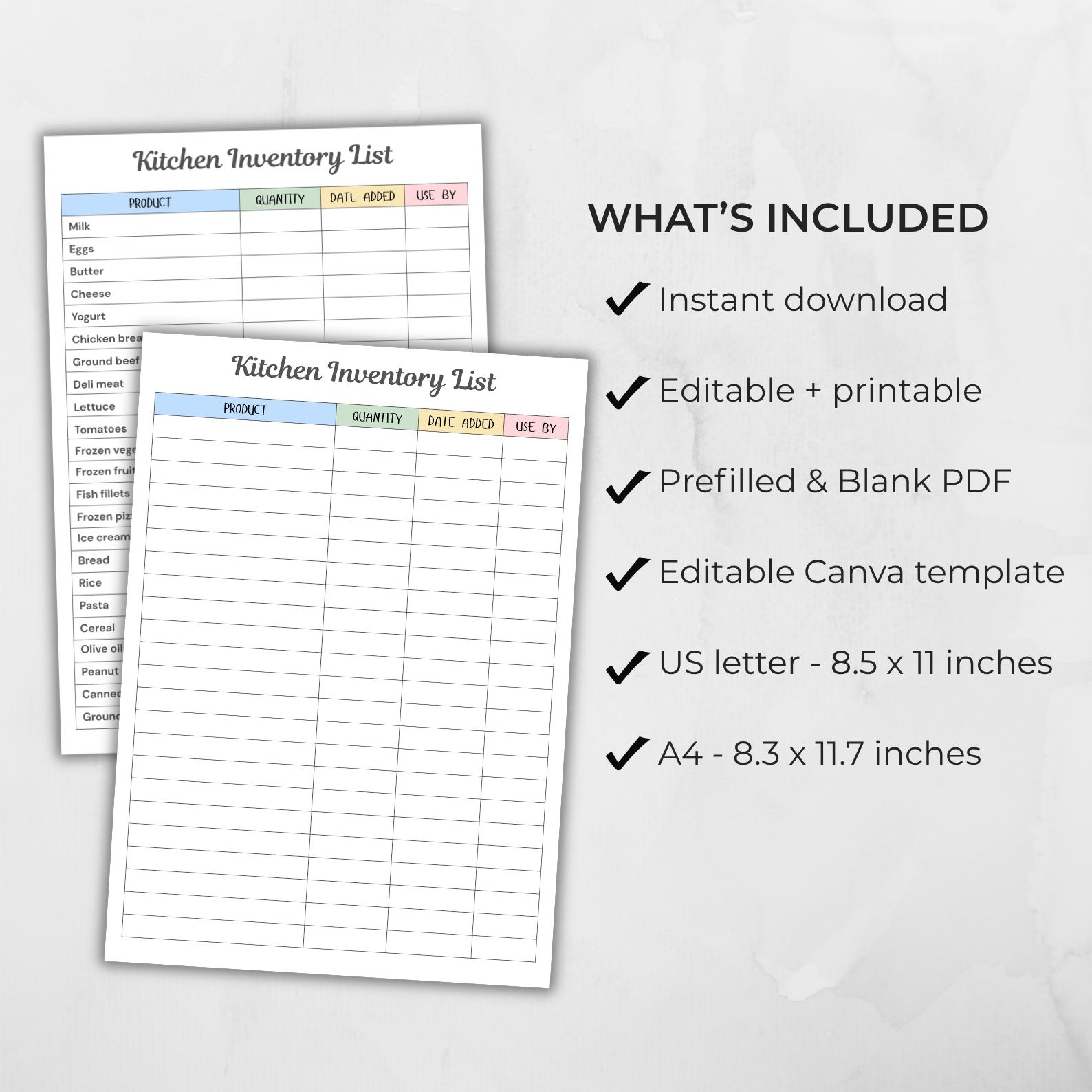 Kitchen Inventory List Printable, Food Tracker, Pantry Organizer (canva ...