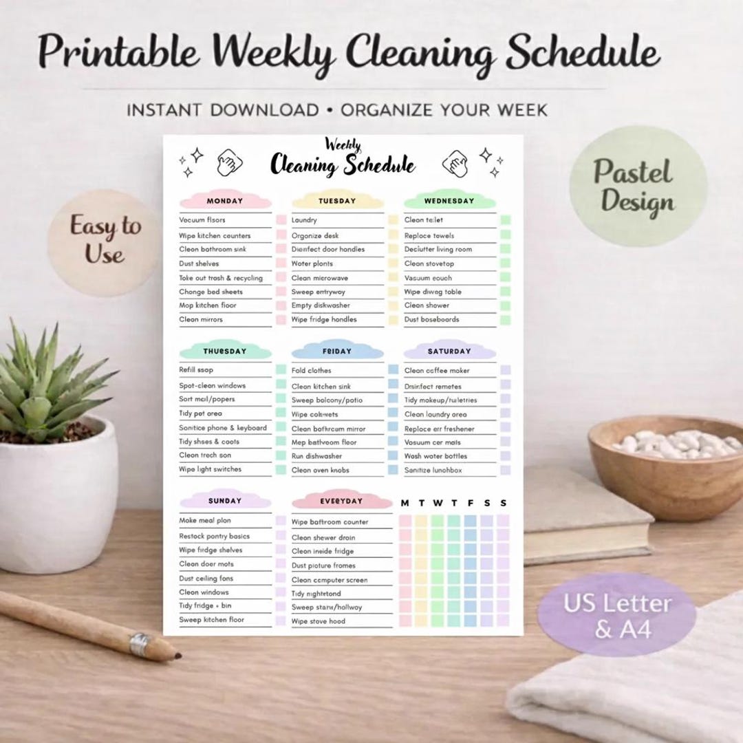 Pastel Rainbow Weekly Cleaning Schedule, Chore Chart (canva Template ...