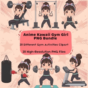 Kawaii Gym Girl Clipart Bundle | 20 PNG Fitness Activities | Anime Exercise Stickers | Workout Plan Digital Download | Sublimation Designs
