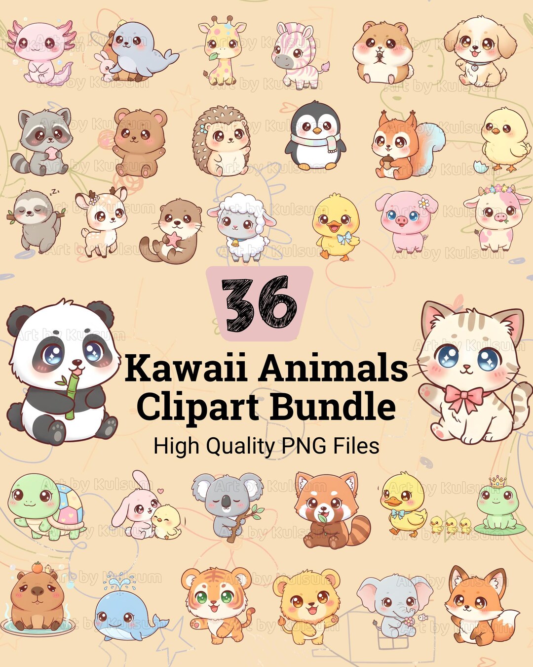 Kawaii Animals Clipart Bundle, 36 Cute Chibi Animal PNG Files, Animal ...