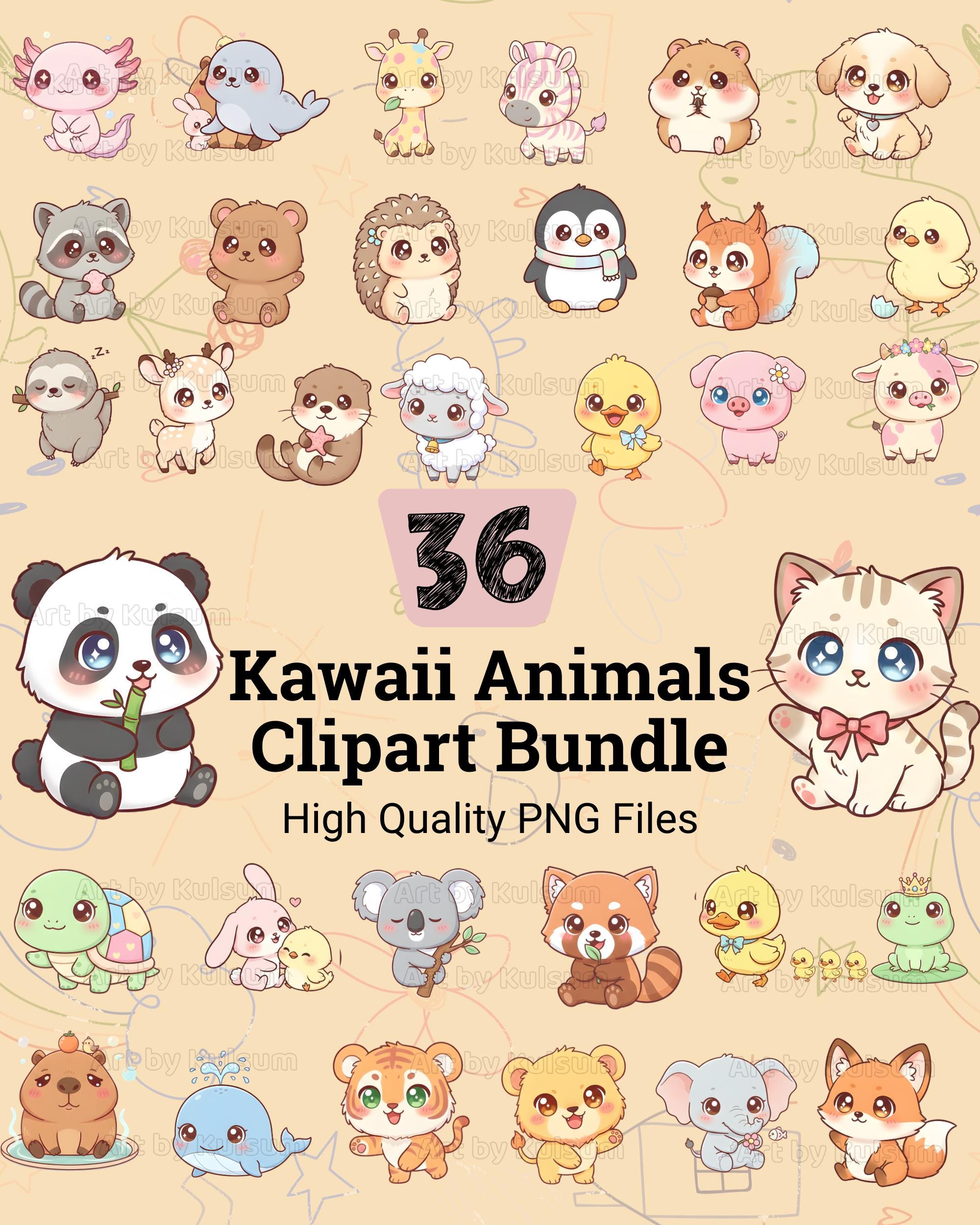 Kawaii Animals Clipart Bundle, 36 Cute Chibi Animal PNG Files, Animal ...