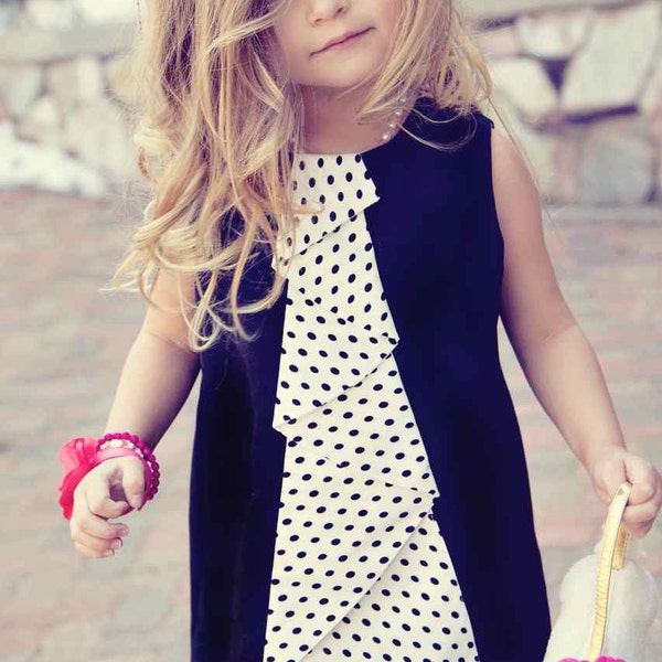 Girls  Black Jumper Dress with Polka Dot Cascading Flounce Ruffle